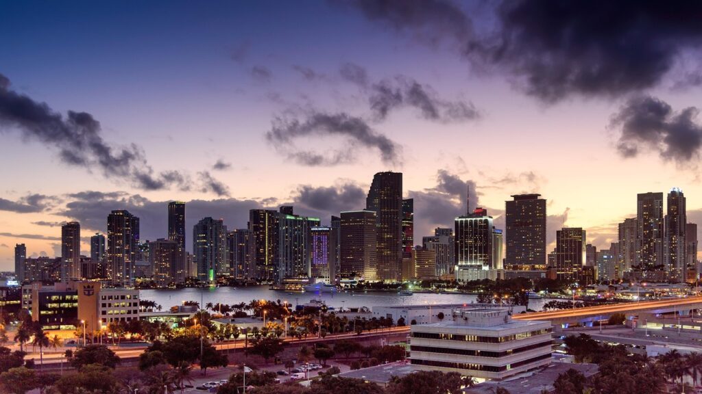 miami, florida, sunset, skyline, architecture, scenery, cityscape, downtown, building, nature, urban, sky, skyscraper, city, clouds, tower, metropolis, scenic